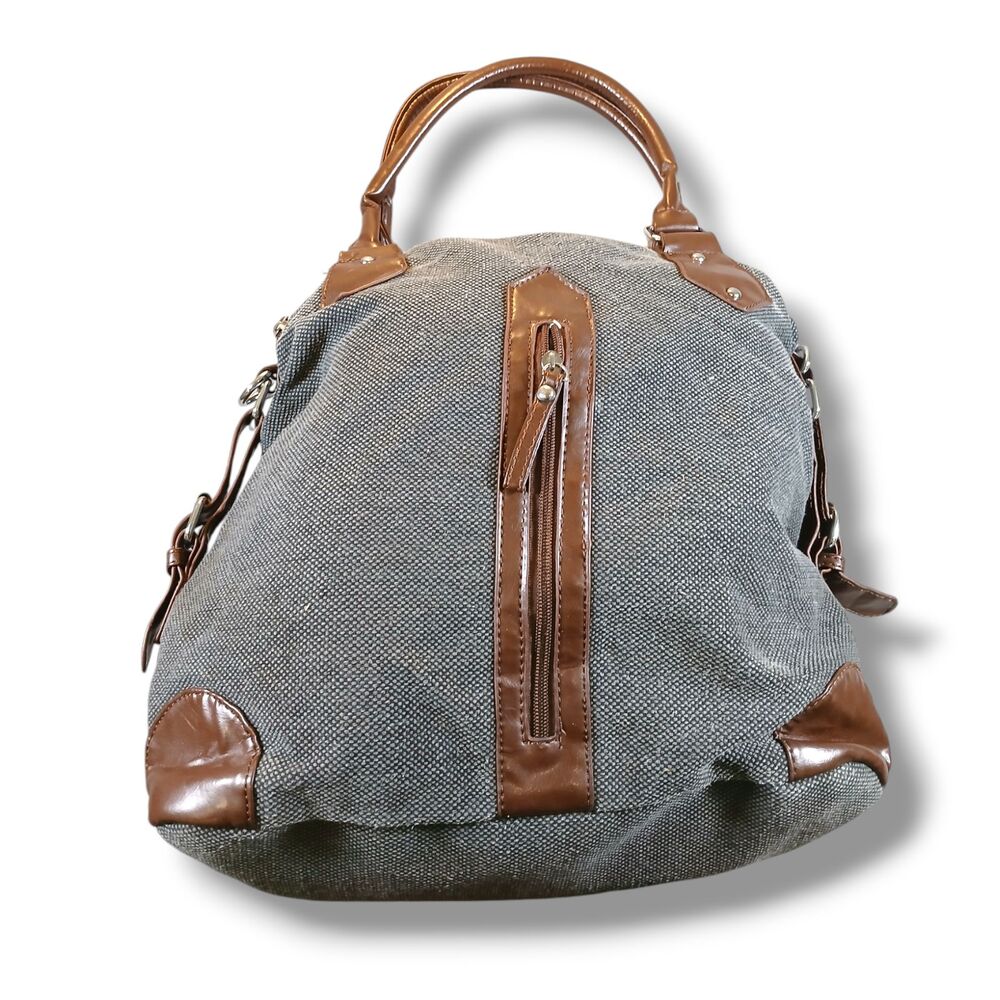 MMS Purse Large Gray Hobo Bag  Canvas Brown Faux Leather Double Handles Buckle